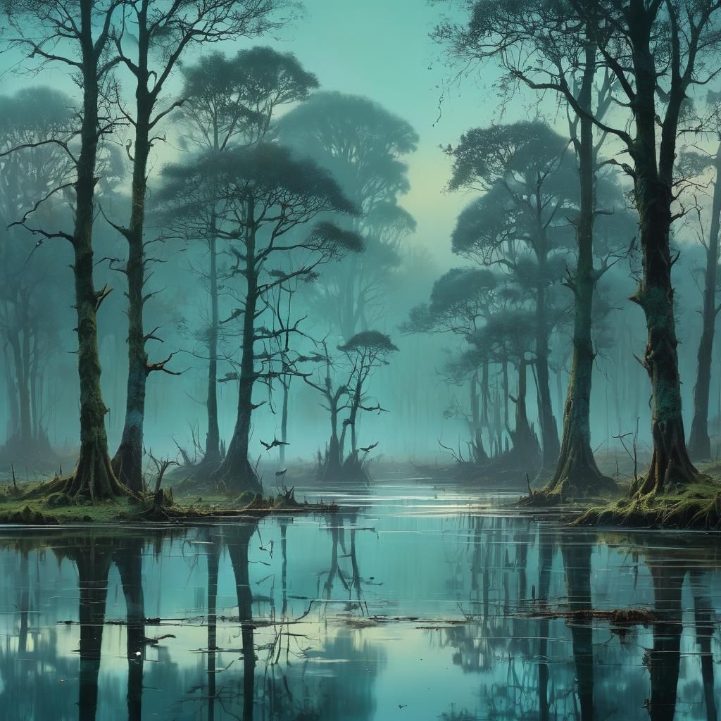 Tranquil Turquoise Swamp Landscape with Cranes