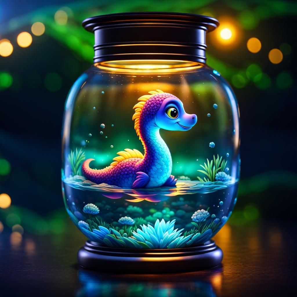 Glowing Baby Loch Ness in Glass Lantern