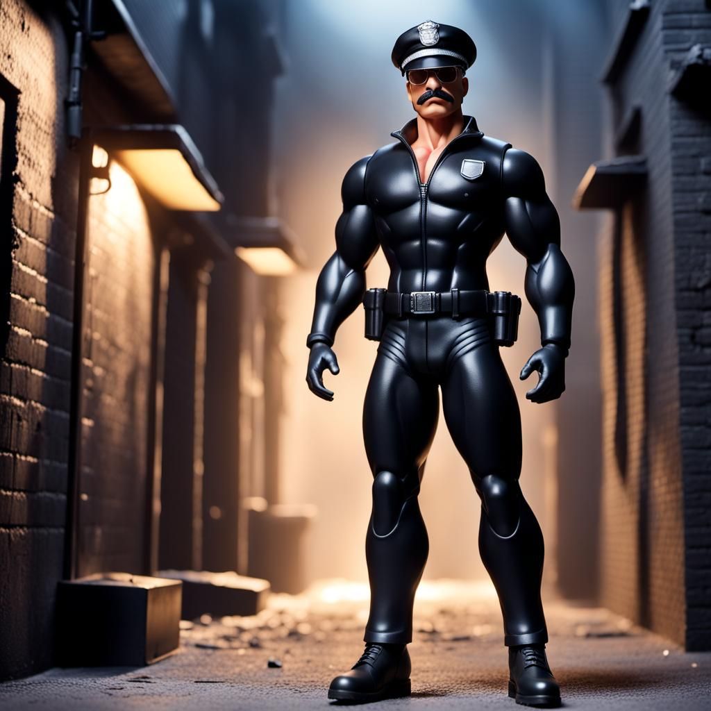 Muscular Plastic Man in Rubber Police Outfit