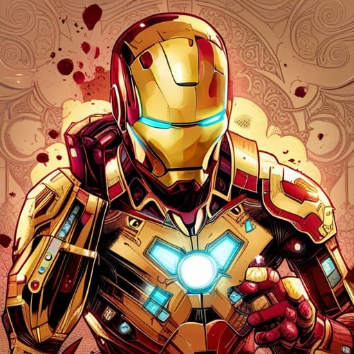 Intricate Iron Man Digital Painting with Golden Outlines
