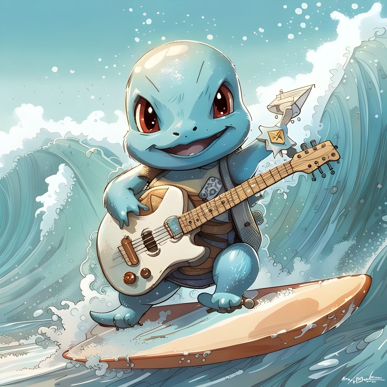 Squirtle Surfing and Playing Guitar on Beach