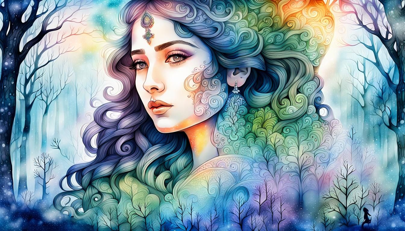 Goddess Ganga Portrait in Enchanted Forest, Watercolor Art