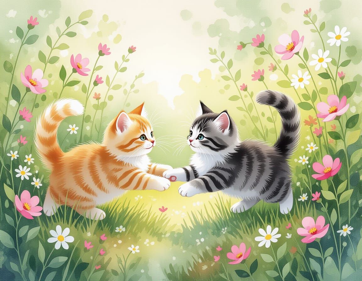 Kittens Playing in Spring Garden: Watercolor Painting