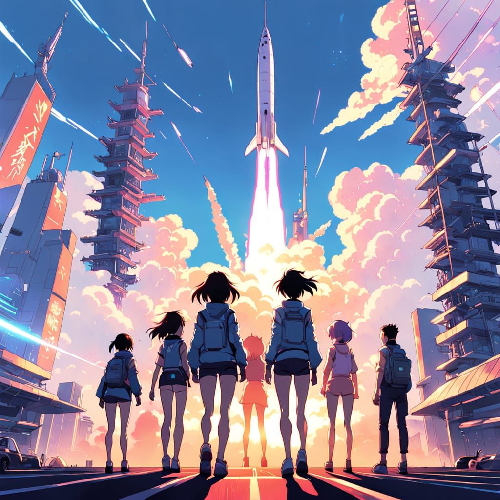 Friends Bid Farewell to a Futuristic Rocket in Vibrant Anime...