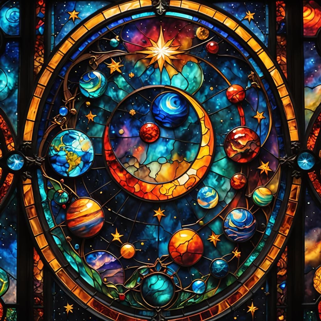 Alcohol ink stained glass window with a celestial theme