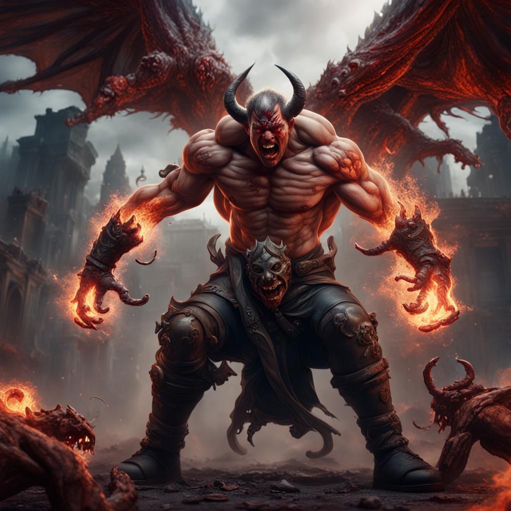 Man Fighting Demons: Detailed Fantasy Concept Art