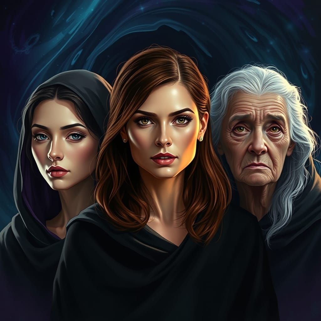 Three Witches of Different Ages in Dark Cloaks