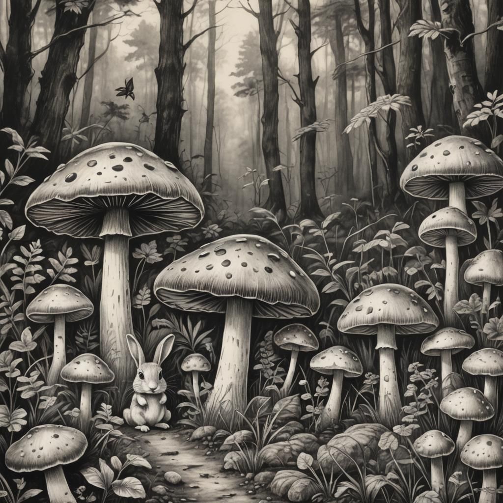 Charcoal Drawing of Toadstools and Rabbit