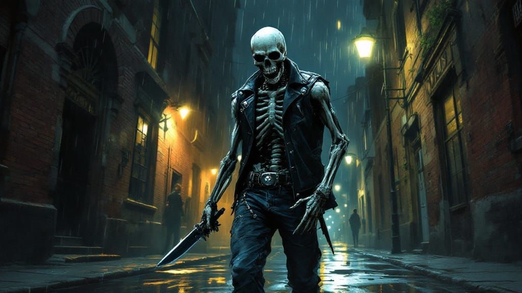 Gritty Street Thug Skeleton in a Dark Alleyway