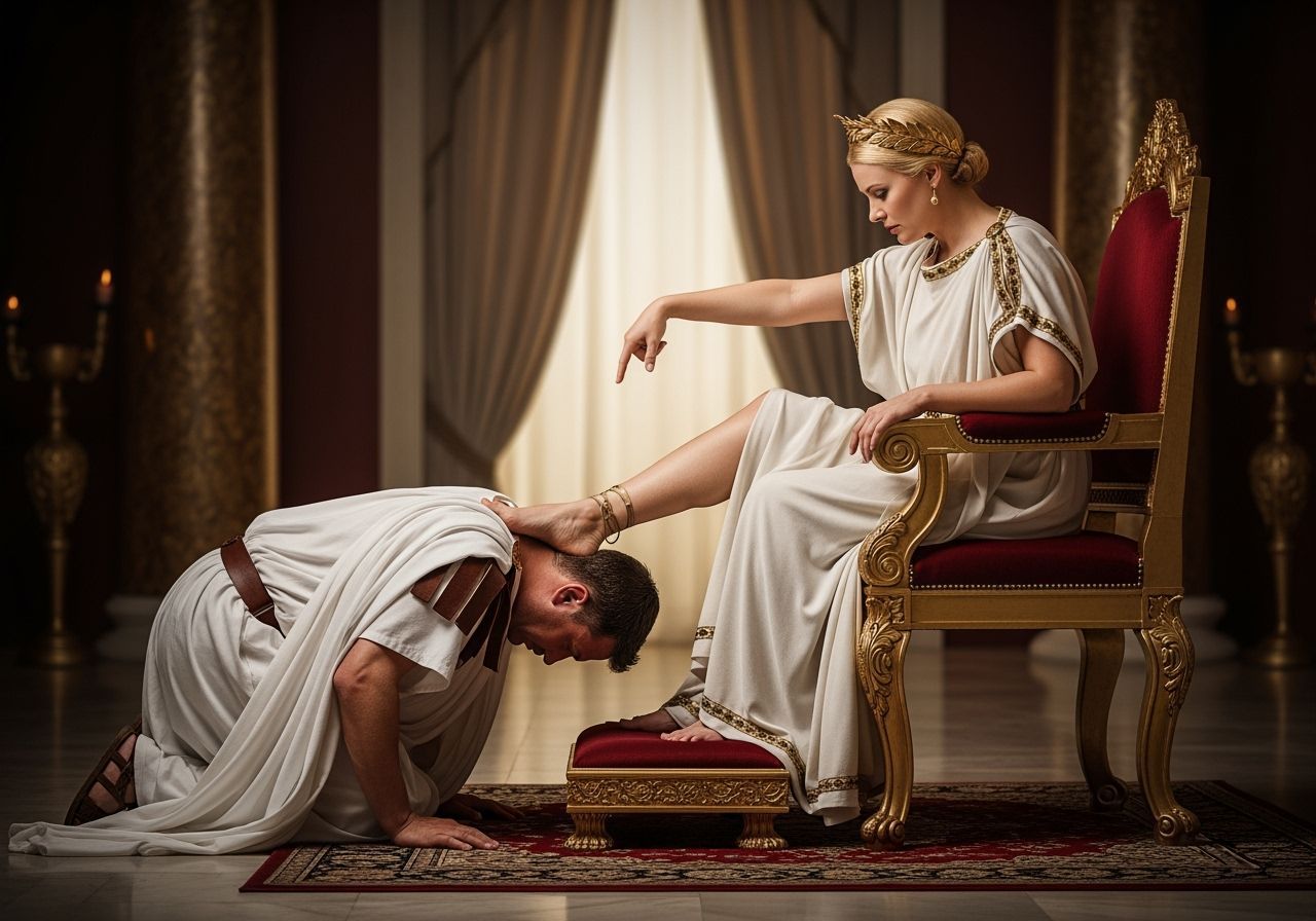 Empress Dominance: Roman Senator Kneeling in Submission