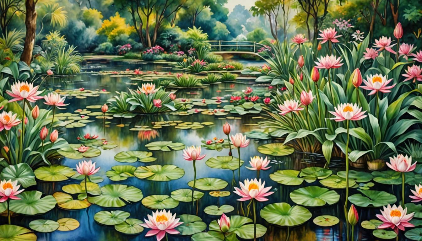 Hyperrealistic Water Garden in Art Deco Style