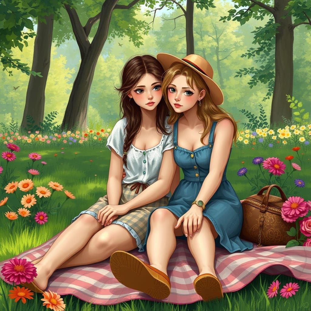 Friends Comforting Each Other in Lush Park, Impressionistic ...