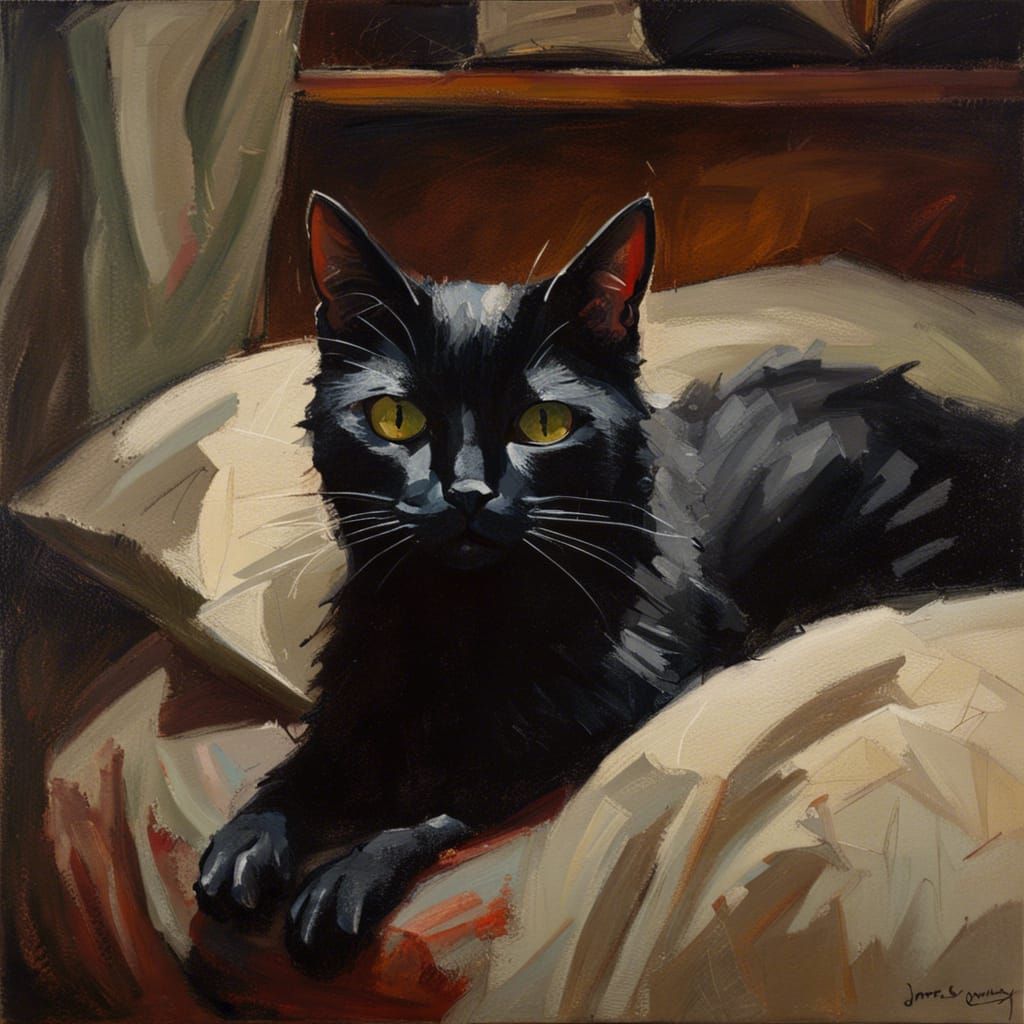 Black Cat in Bed: An Oil Painting