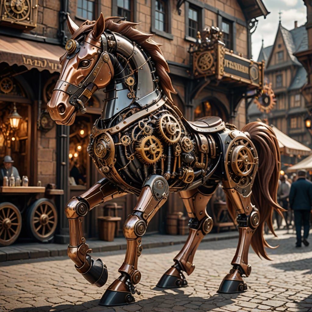 Steampunk Mechanical Horse in Medieval Marketplace
