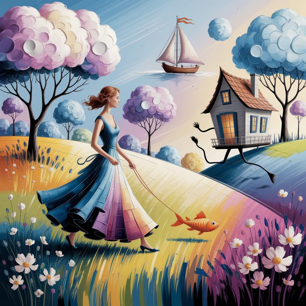 Whimsical Woman Walks Fish in Gouache Impressionist Scene