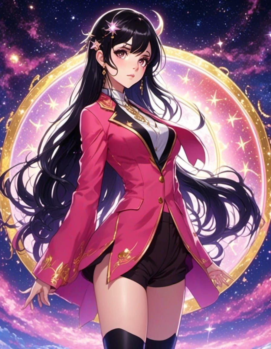 Full body Oh! My Goddess Skuld, teen girl, long black hair, short, slender, brown eyes, small purple inverted tear shape...