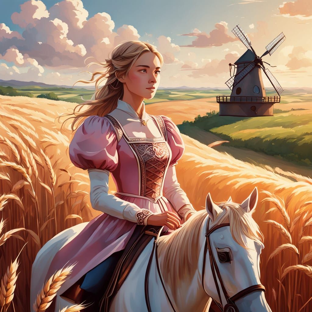 Elegant Renaissance Woman Rides Horse Amidst Golden Wheat Fi...