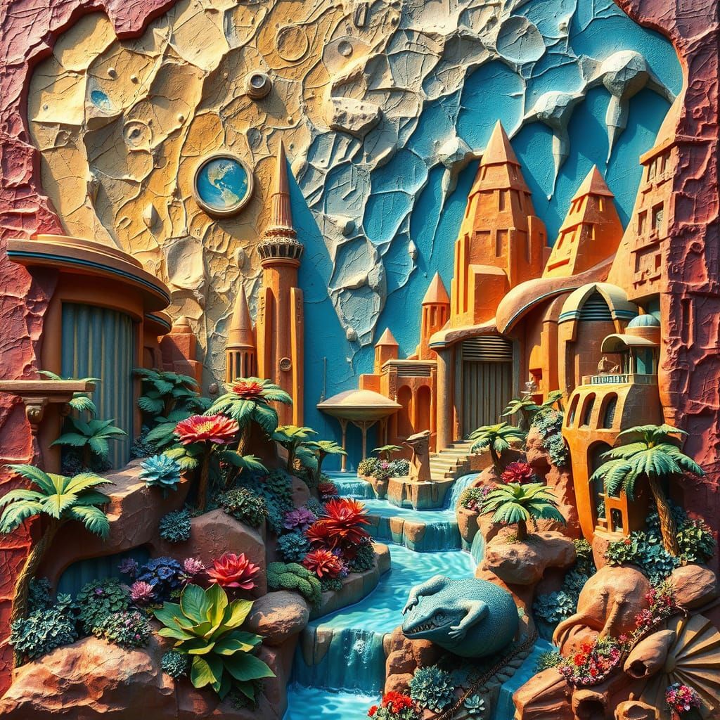 Fantasy World Embossed in Vibrant, Futuristic Style