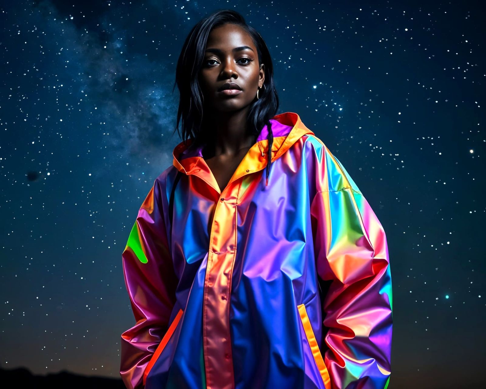 Holographic Raincoat Fashion in Cosmic Neon