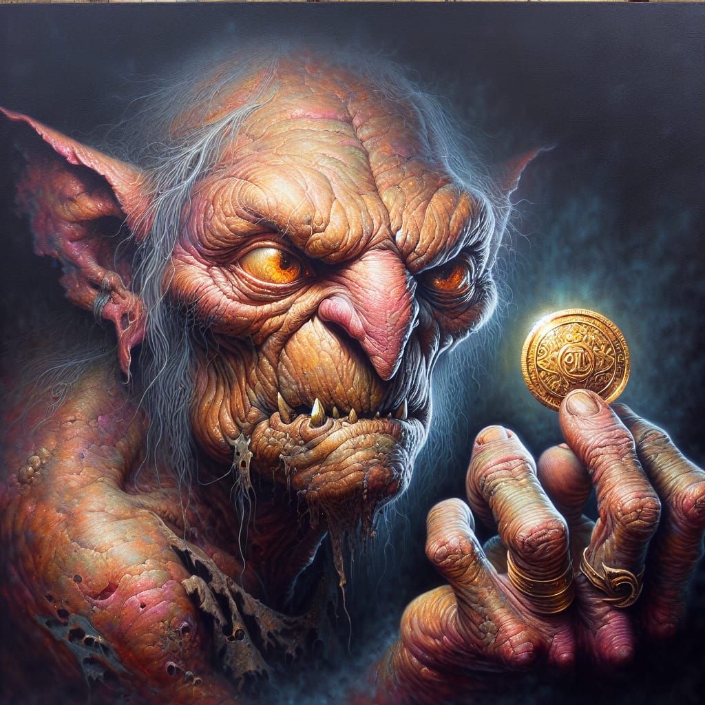 Cunning Goblin in Underworld: Dark Fantasy Oil Painting