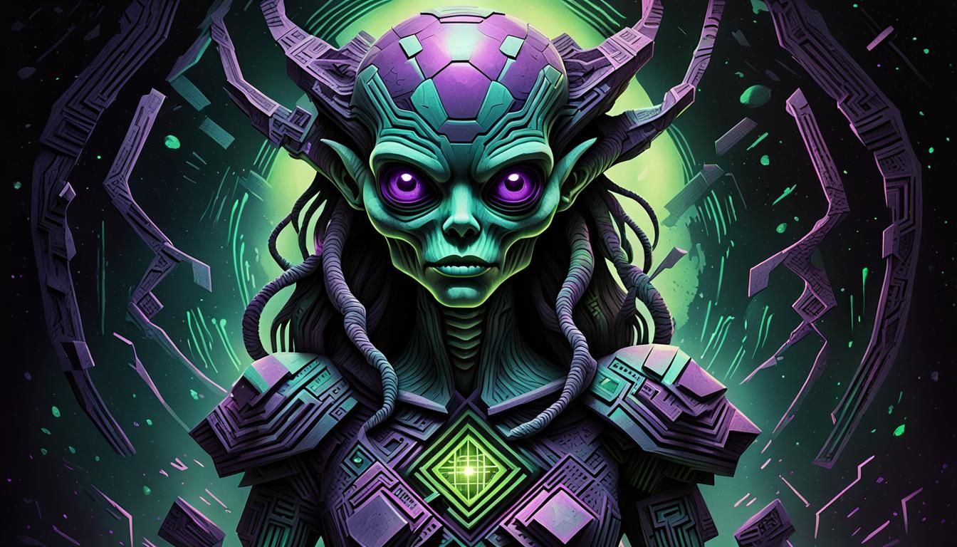 Female Space Invader Trophy in Ink-and-Watercolor Style