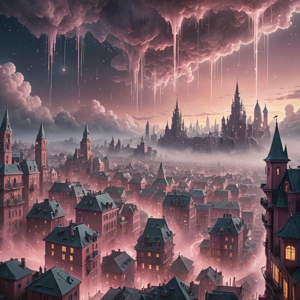 Crystal Rain Over Floating Cities in Dreamy Art