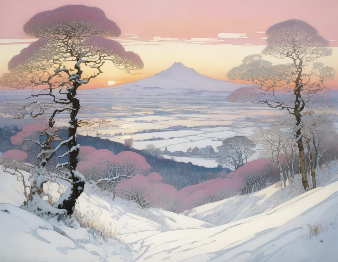 Dreamy Winter Scene in a Whimsical Art Nouveau Style