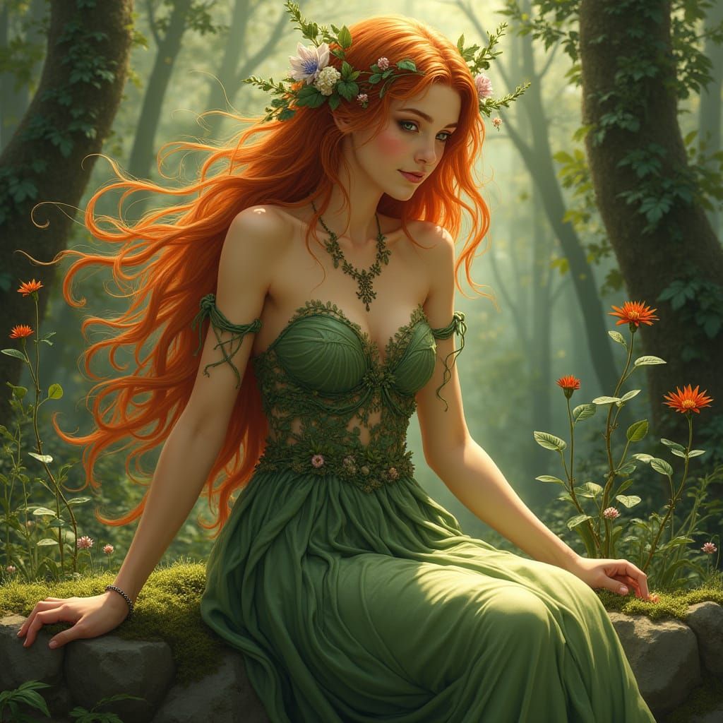 Forest Nymph in Art Nouveau Style