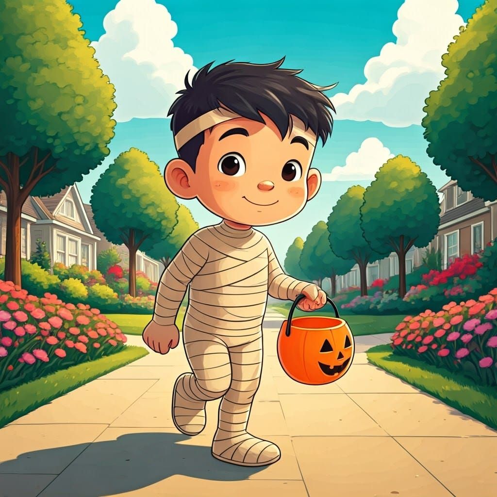 Miniature Mummy Trick-or-Treater in Whimsical Summer Scene