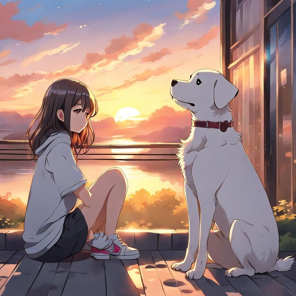 Girl and Dog at Sunset: Anime Style Illustration