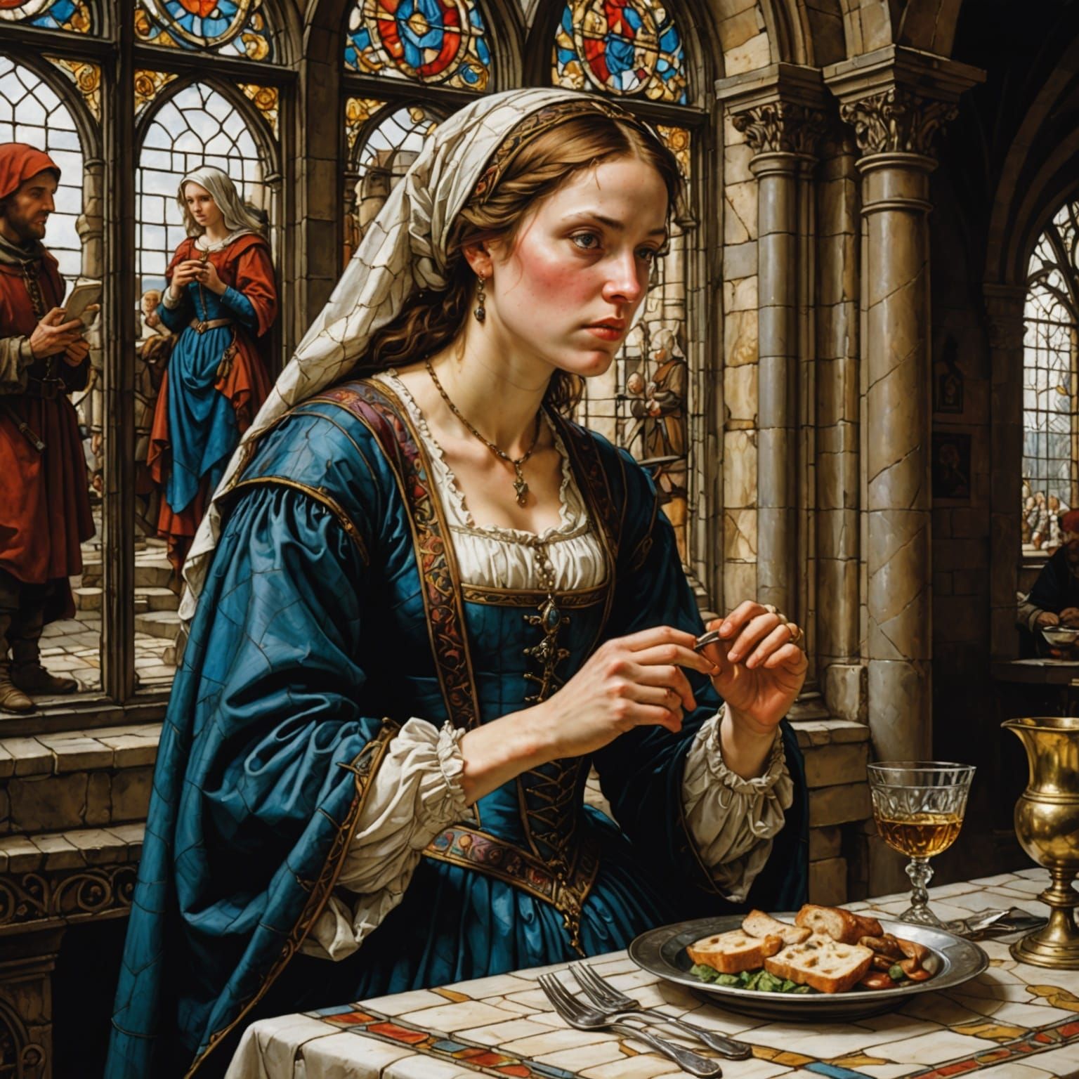 Medieval Peasant Woman Admires Renaissance Luxury