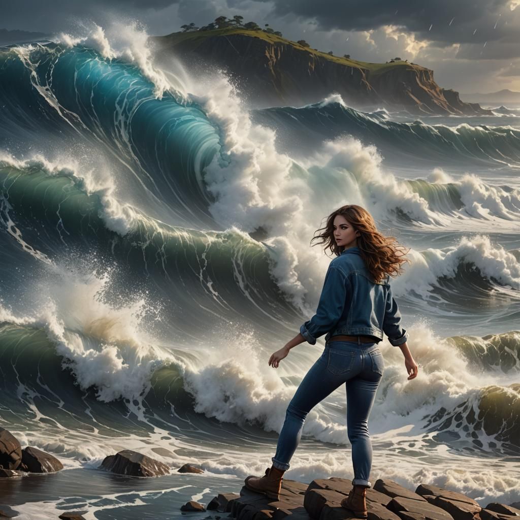 Lady in Blue Jeans at the Sea in Detailed Matte Painting