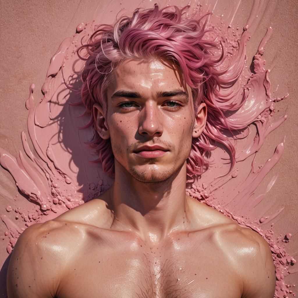 Pink Haired Man Sunbathing in Hyperrealistic Splash Art