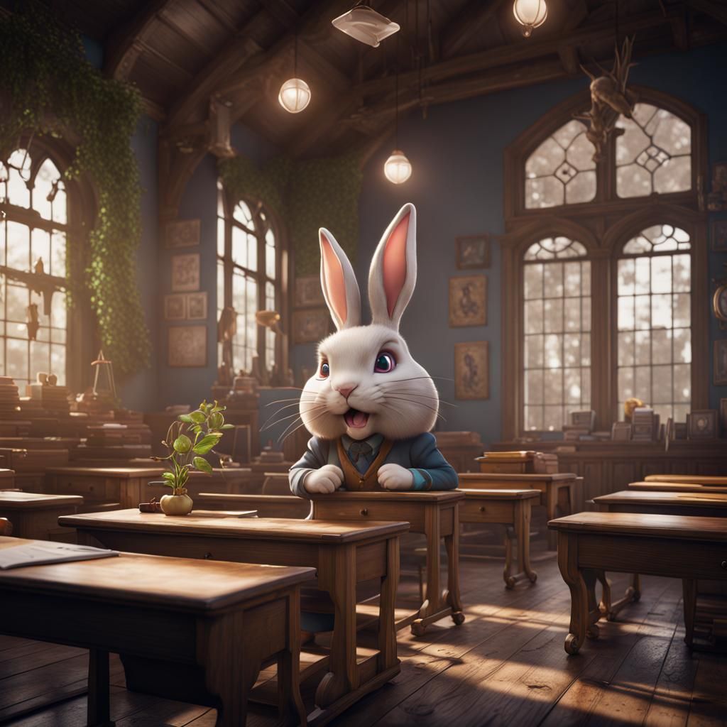 Fantastical School Bunny in Detailed Matte Painting