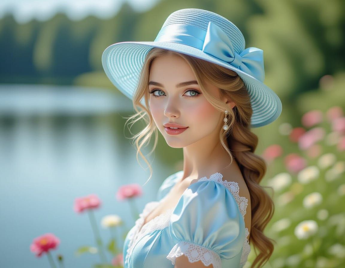 Girl with Blonde Hair by Lake in Hyperrealism