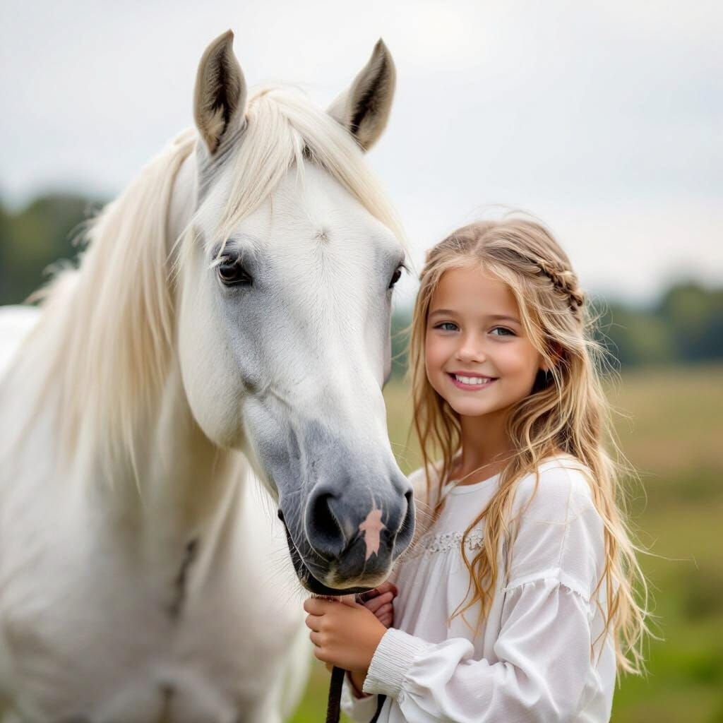 Young Blond Girl with a White Horse