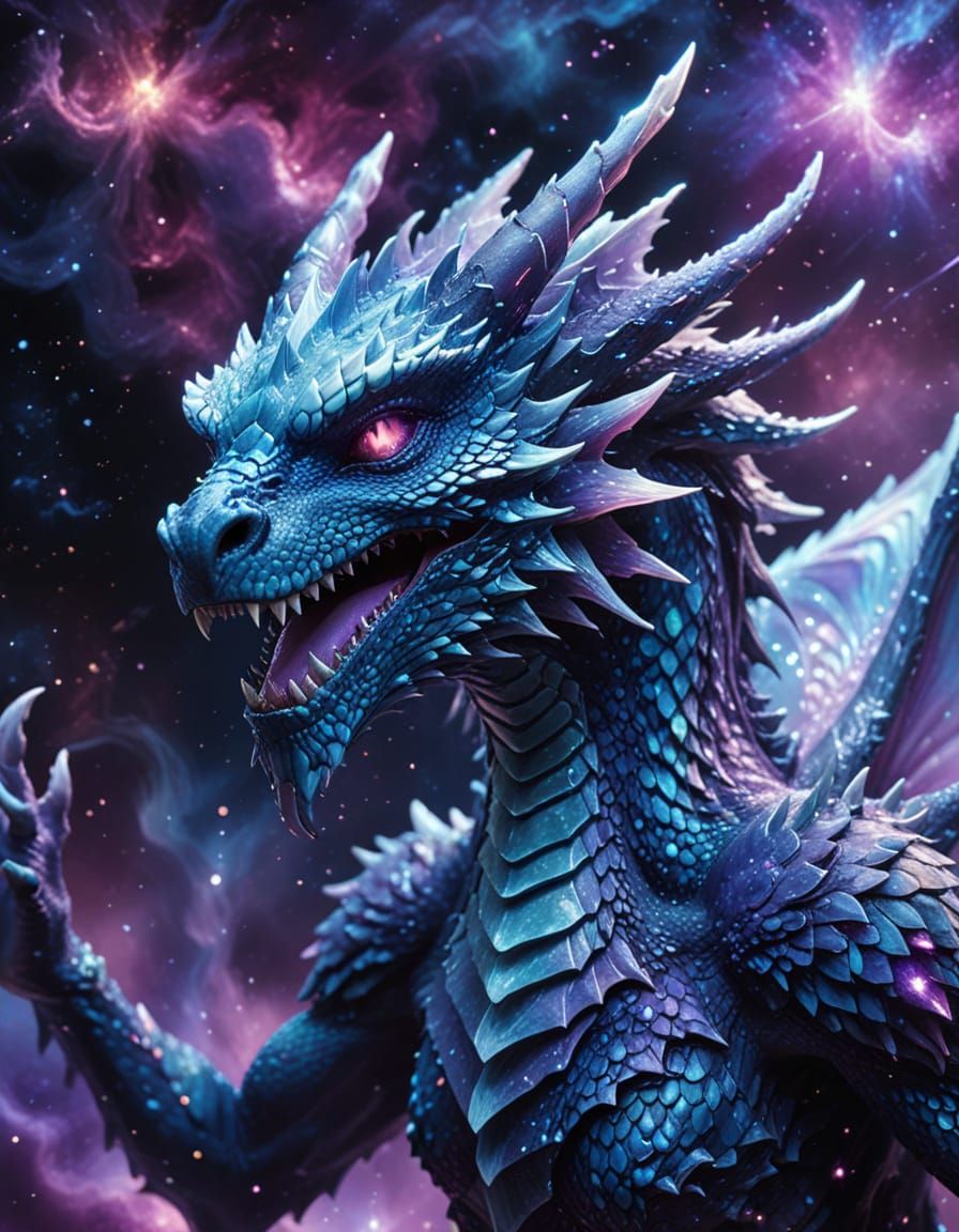 Celestial Ice Dragon Soaring Through Nebula