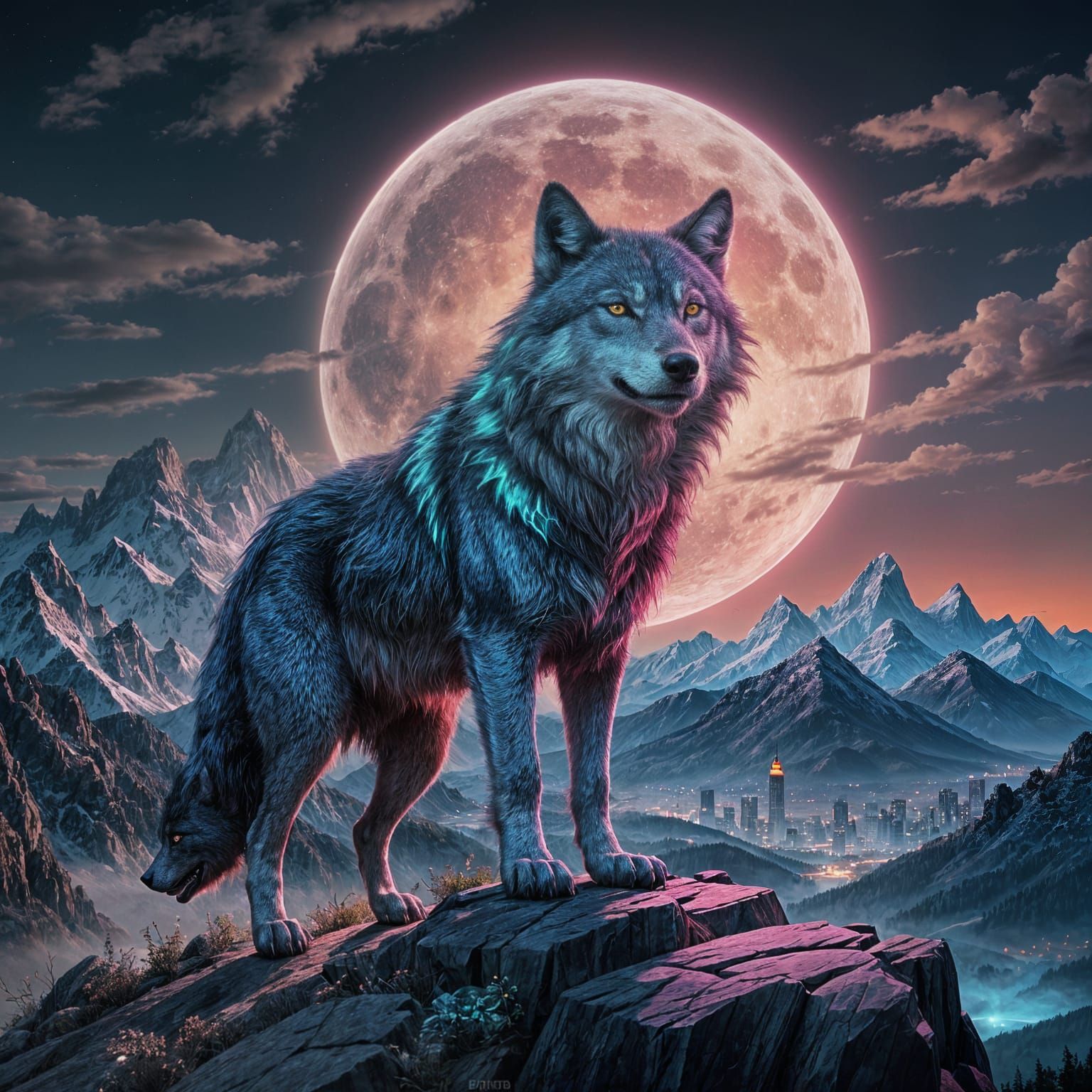 Bioluminescent Wolf Howling in Glitch Art Style