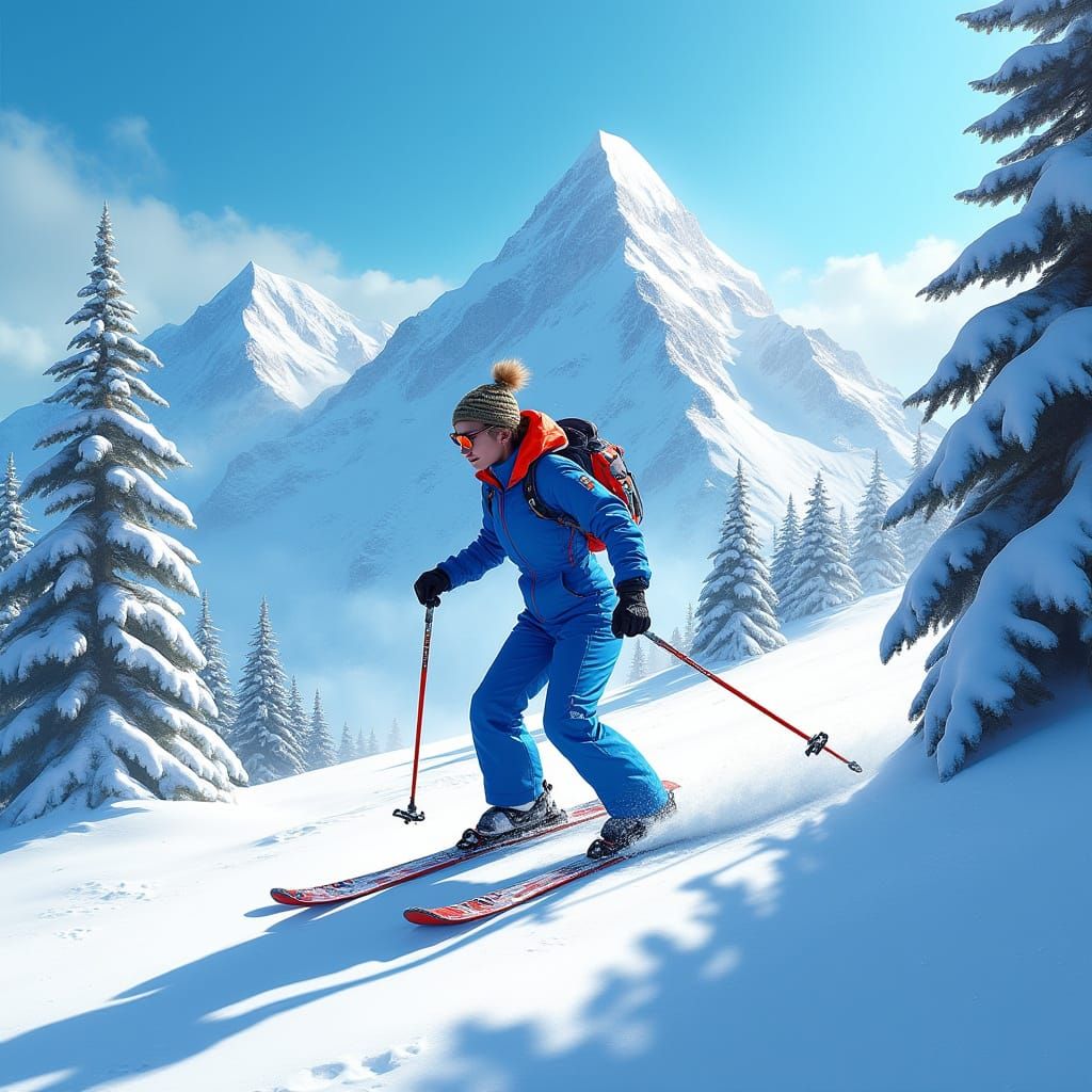 Skiing Woman in Vibrant Blue Jumpsuit Descends Snowy Mountai...