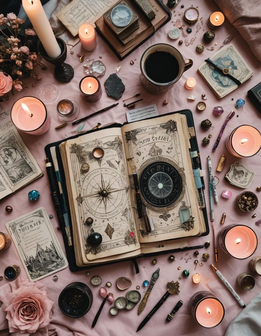 Pastel Pink Spell Book Flatlay: Detailed Matte Painting