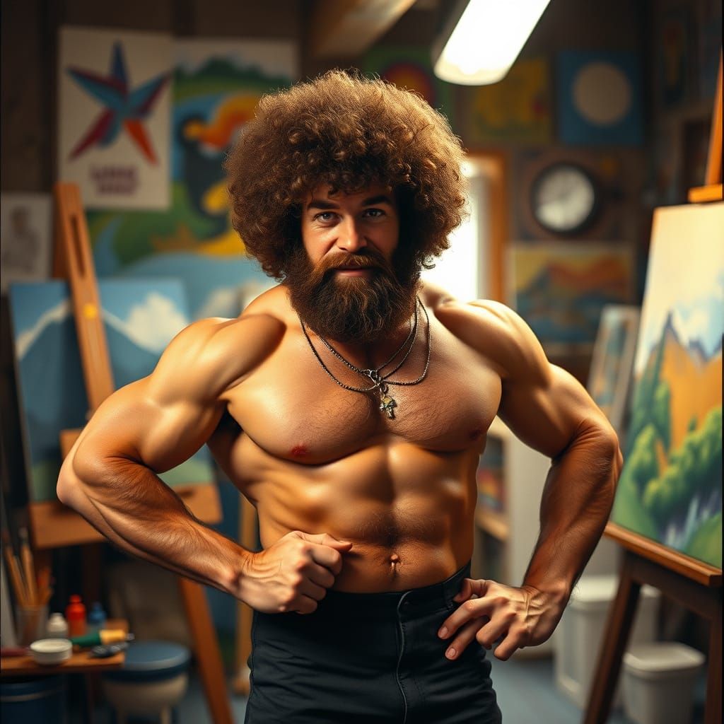 Bob Ross as Muscular Bodybuilder in Art Studio