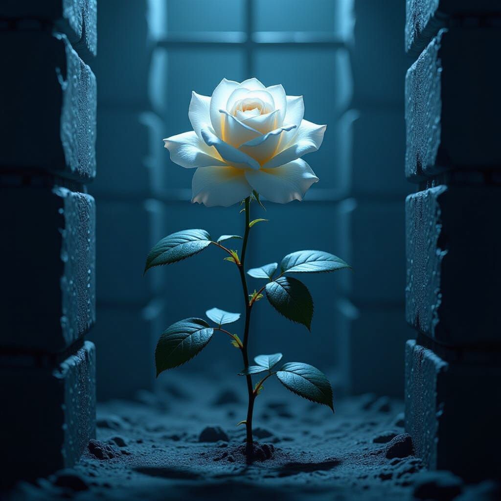 White Rose Blooms in Ominous Prison Cell