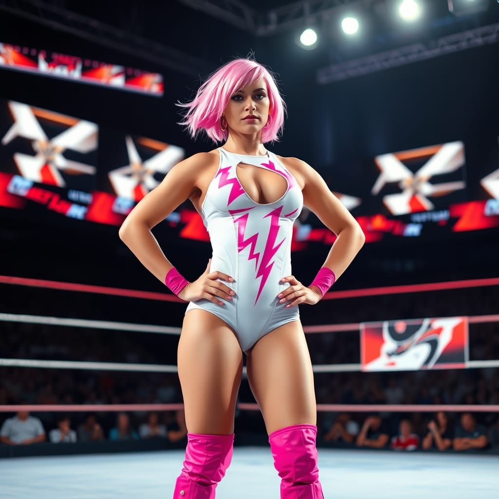Female Wrestler with Pink Hair in Wrestling Ring