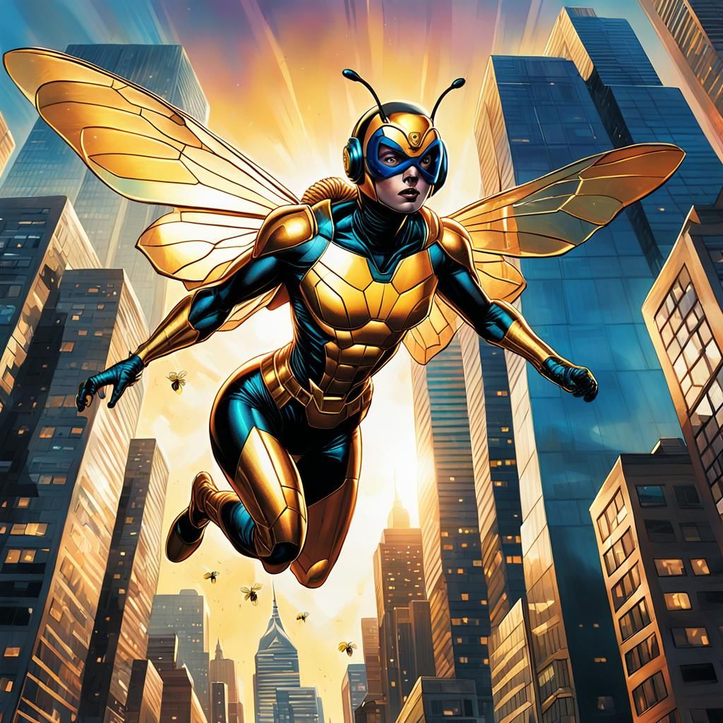 Bee Superhero Flies in Comic Book Art Style