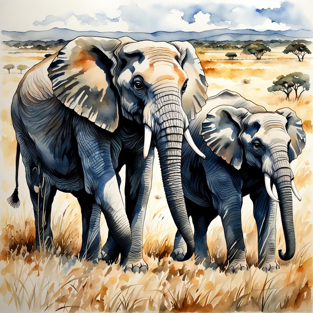 Elephants on the Savannah in Watercolor Style