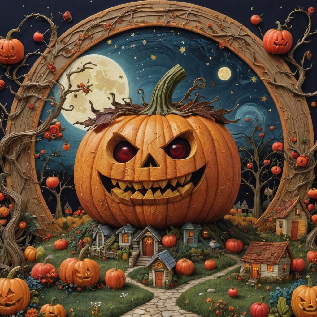 Futuristic Jack-o-Lantern with Cottage in Fantasy Style