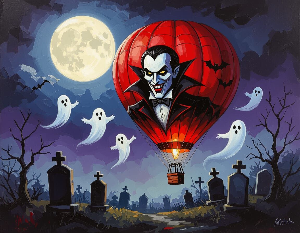 Dracula Hot Air Balloon Over Graveyard in Oil Paint