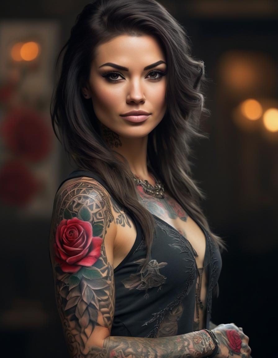 Tattooed Warrior Girl with Roses, Professional Photography