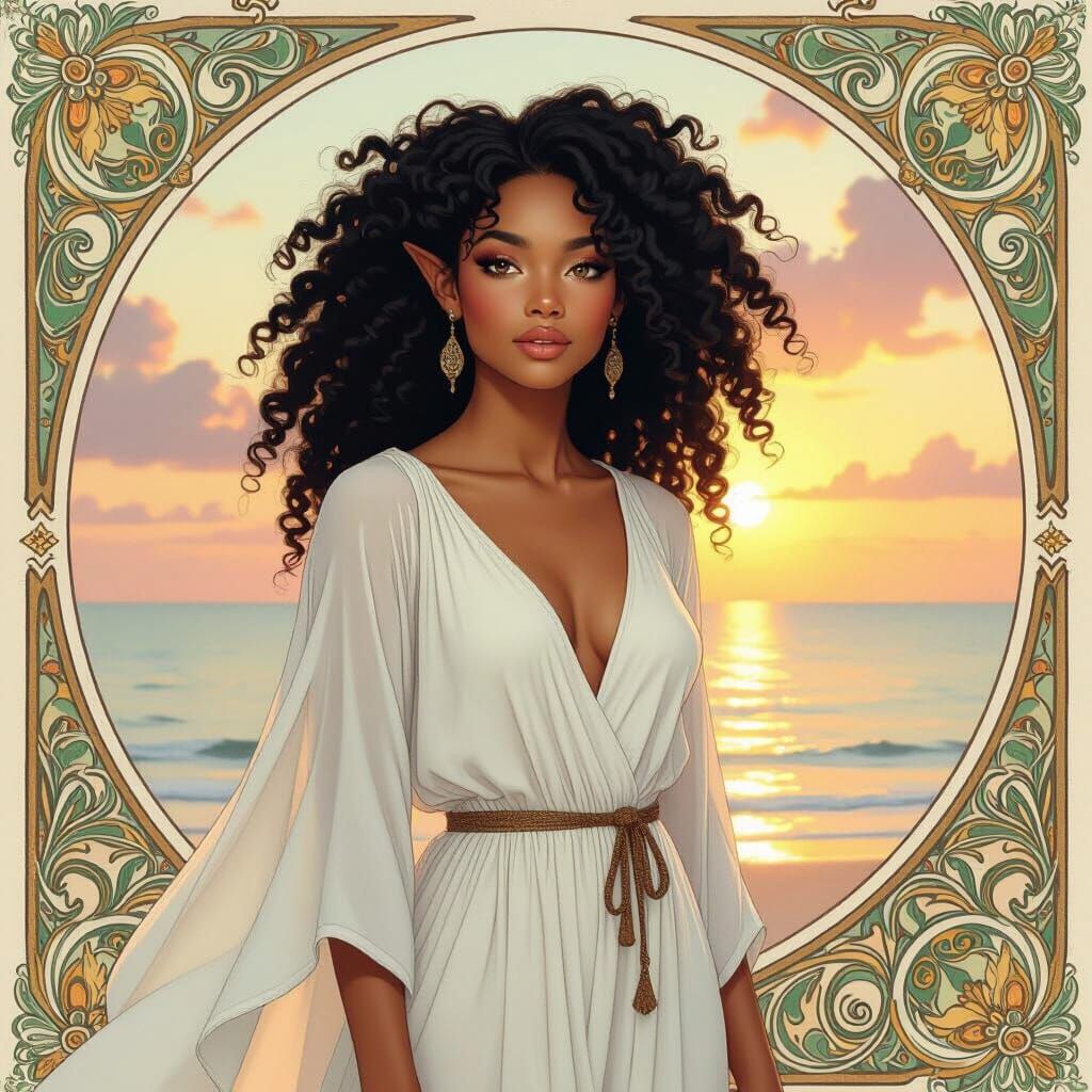Black Elf with Curly Hair on Beach in Art Nouveau Style