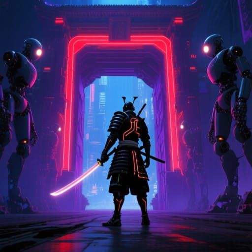 Cyberpunk Samurai Guarding Neon City Gate